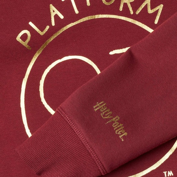 H&M Harry Potter Maroon Hoodie with Gold Print Platform 9 3/4 Cotton Blend - Picture 5 of 7